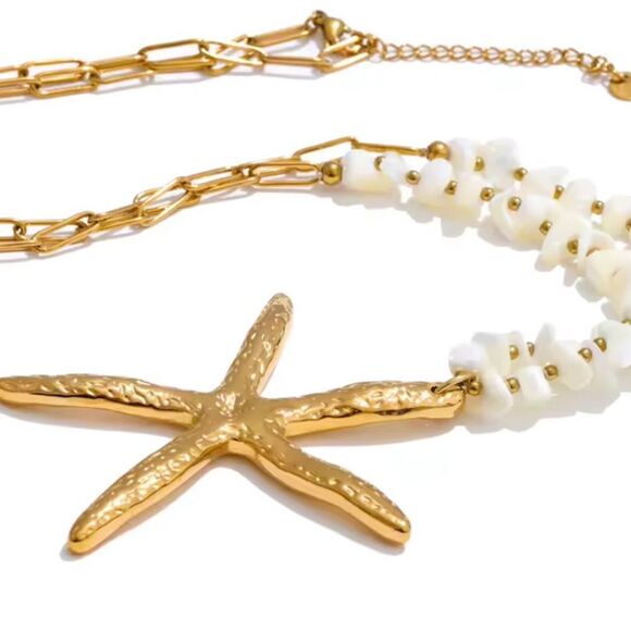 Gold Starfish & Natural Shell Necklace – Coastal Chic Statement Piece - Picture 5 of 12